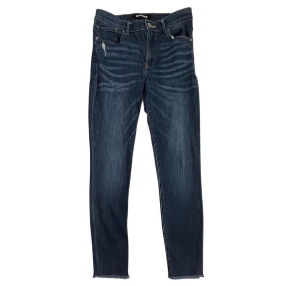 Express Dark Wash Distressed Stretch High-Rise Ankle Raw Hem Legging Jean S-6L - Picture 1 of 8